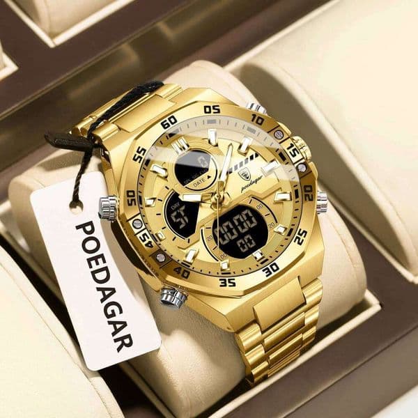 POEDAGAR Trendy Men Wristwatch Waterproof LED Week Date Quartz Man Watch Stainless Steel Electronic Digital Sports Men's Watches