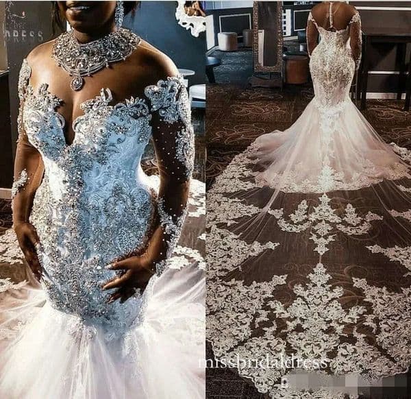 Crystal Beaded Mermaid Dresses Jewel Neck Cathedral Train Lace Applique Long Sleeves Wedding Bridal Gown Vestido De Novia Cph053f09 B0314