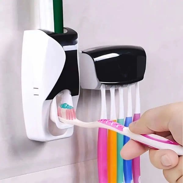 1set Automatic Toothpaste Dispenser And Toothbrush Holder Set Wall Mounted Rack Plastic Bathroom Storage With 260312