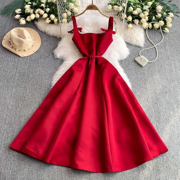 Women's elegant bow tie lace up dress with a brand A12 new high-end style, waist cinching, slim fit, and wide hem