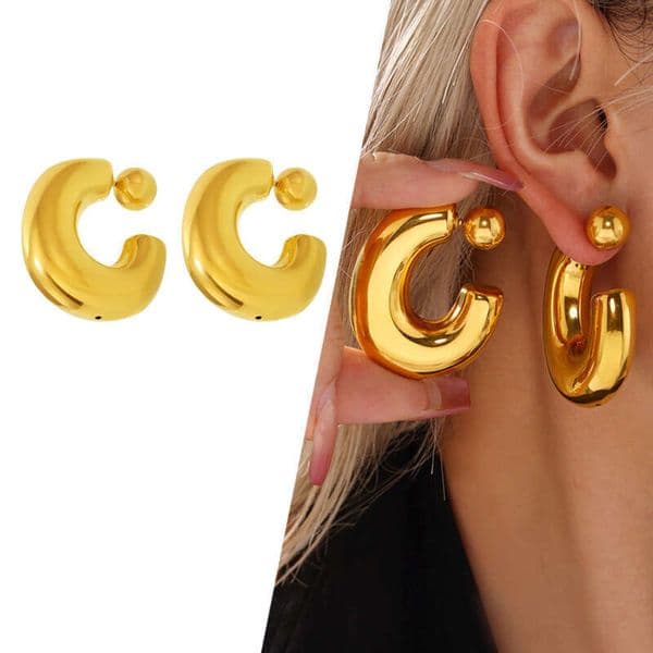 Women's Elegant Earrings: C-shaped Hollow High-quality Polished Steel Ball Double Stud 18K Real Gold, Personalized Earrings For Women, Daily Jewelry