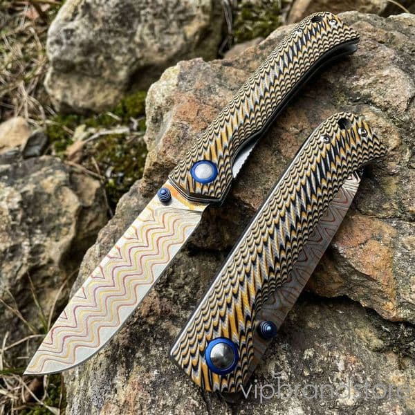 Colorful copper Damascus steel fixed blade knife folding knife dual color G10 couteau anti slip handle smooth bearing opening and closing pocket knife high-end