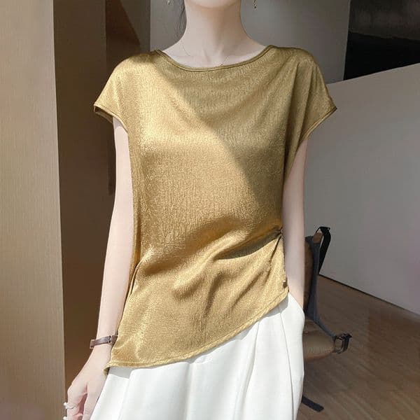 Exquisitely Designer Shirt Designed Highend Nd Delicte Fux Silk Cette Stin Shortsleeve Designer Hoodie Tshirt French Style Irregulr Polo Shirt Women's Clothing