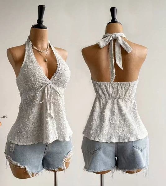 Ladies Summer V-neck Lace Neck Strap Off Shoulder Leisure Vacation Easter Beach Wear Music Festival Top 260313