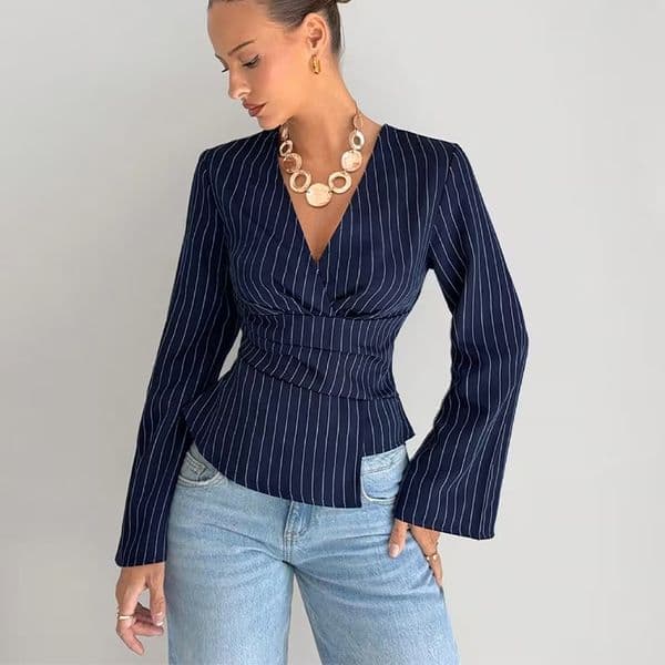 European And American Women's Fashion Polo Striped Vneck Designer Hoodie Longsleeve Shirt Designer T-shirt Waistcinching Pullover Shirt