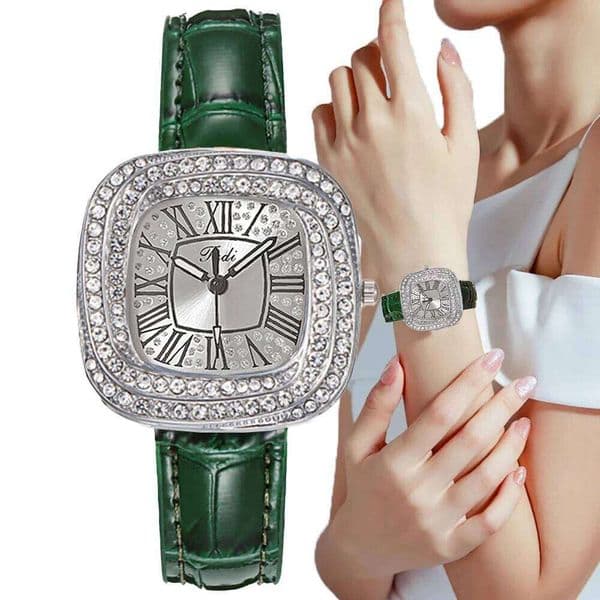 Fashion 2025 New Simple Square Ladies Full Star Diamonds Quartz Watch Casual Green Leather Dress Women's Clock Wristwatch