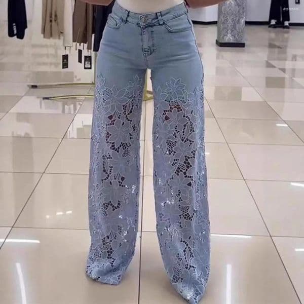 Women's Jeans 2026 Patchwork Lace Hollow Out Pants Spring Summer Solid Color High-Waist Wide-Leg Female Straight Trousers