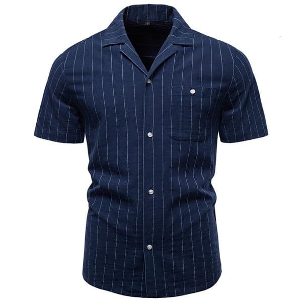 Shirt Summer Highquality Cotton Cuban Polo Collar Vertical Hoodie Stripe Shirt For Men Business Casual Men's Shortsleeve Shirt
