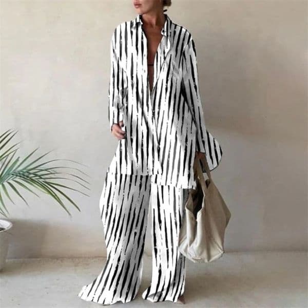 European and American Product Set Fashion Printed Loose Long Sleeved ShirtStraight Leg Pants for Women a260311