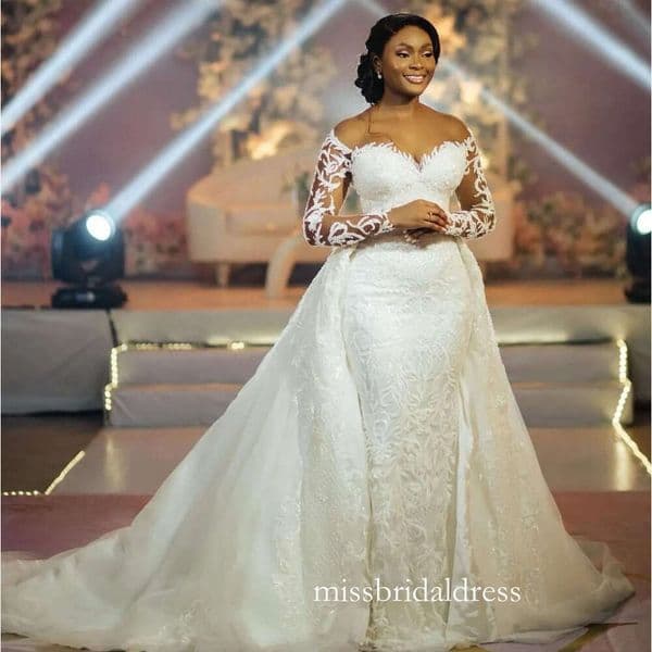 Romantic Lace Mermaid Wedding Dresses Arabic Aso Ebi Plus Size Beaded Appliques Bridal Gowns With Detachable Train 4J11 B0316