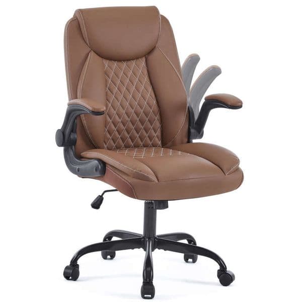 Leather Ergonomic Home Desk Chair, Back Support Swivel Executive Office Wheels and Flip-Up Armrests, Small Gaming Chair with Adjustable Rocking Function, Brown