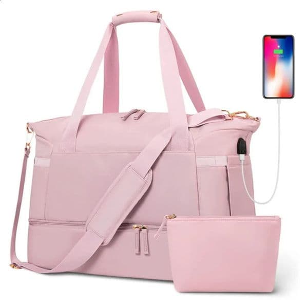 2Pcs Weekender Bag for Women Gym Bag with USB Charging Port Travel Duffle Bag Shoe Compartment Carry on Overnight 260313