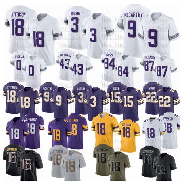 J.J. McCarthy Justin Jefferson Football Jersey Pace Jr Turner Aaron Jones T.J. Hockenson Addison Randy Moss Harrison Smith Cris Carter Darnold Stitched Murray
