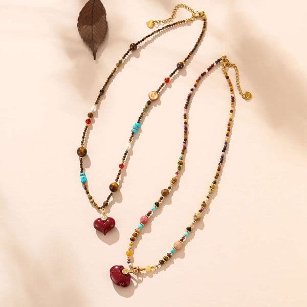 Original Cinnabar Heart Lock Pendant With Tiger Eye Beads Necklace, Vintage Fashion Versatile High-End Collarbone Chain New Style B5