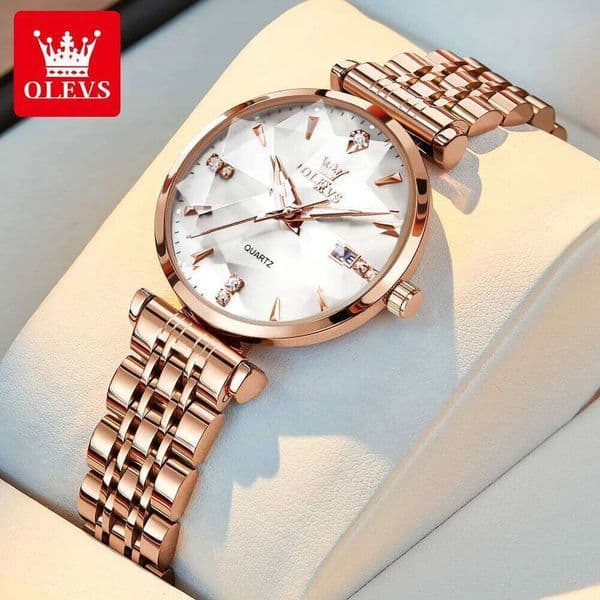 OLEVS 5536 Women Fashion Elegant Rose Gold Diamond Luminous Waterproof Top Luxury Brand Quartz Watch