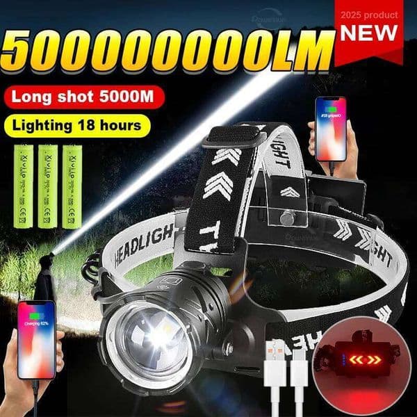 500000000LM Ultra Bright Headlight 800W LED Powerful Headlamp Rechargeable Flashlight 18650 Outdoor Camping Head Lantern 26L0316