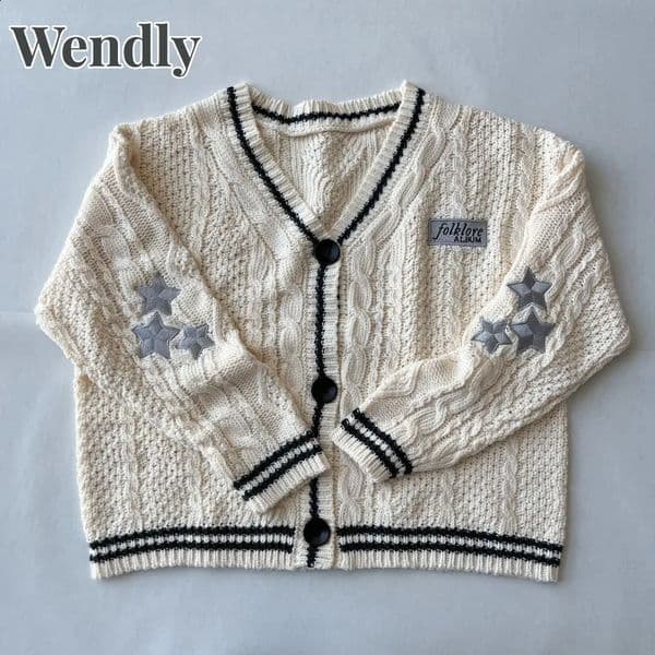Beige Folklore Cardigan Women Letter Patch with Star Embroidered Knitted Sweater Female Winter Autumn Casual Oversized Cardigans 260310