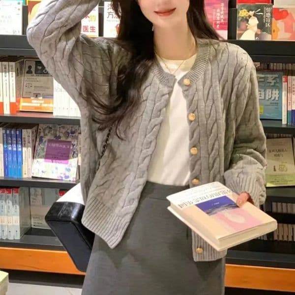 Vintage Long Sleeve Cardigan Women Sweater O-neck Elegant Knitted Top Fashion Autumn Grey Knitwear 260310