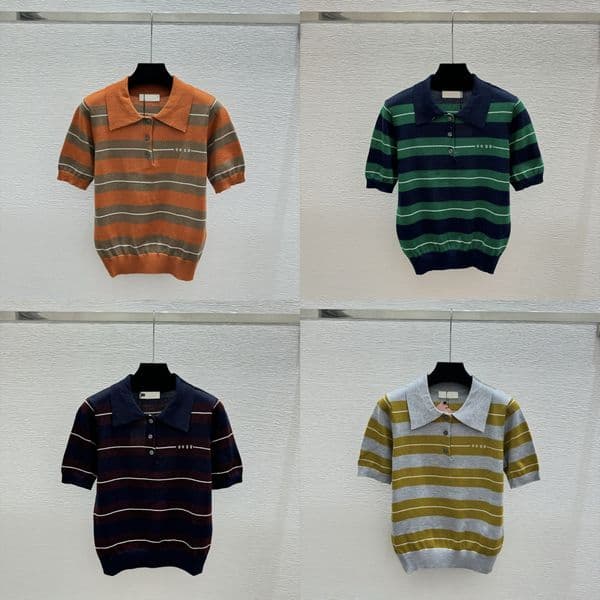 Designer Women Slim Fit Knitwear Striped Lapel Neck Classic Short Sleeve Tops Summer Preppy Style Vintage Knitted Tee