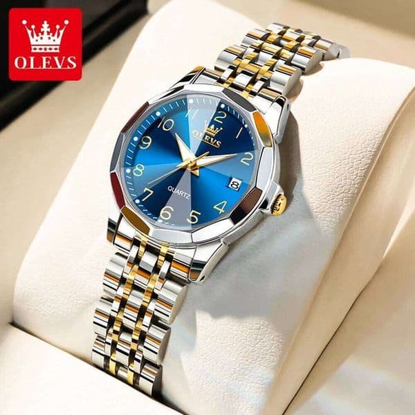OLEVS 9970 Original Quartz for Classic Solid Steel Strap Rhombus Mirror Fashion Dual Calendar Luminous Women Watch