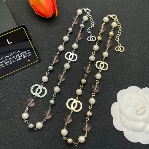 Pearl Pink Bead Accent Interlocking Link Necklace Two Delicate Accessory Elegant Gift For Her Premium Stylish Jewelry