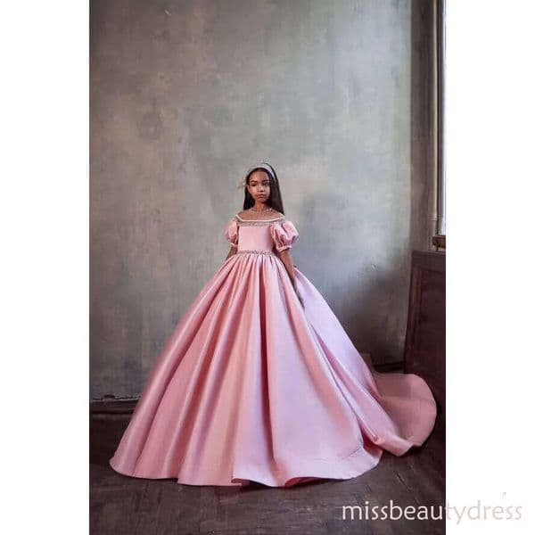 Pink Girl Cute Pageant Dree Prince Satin Jewel Neck Short Sleeve Crytal Bead Kid Wer Girl Dre Ball Gown Birthday Gown Or Length Back With Bow