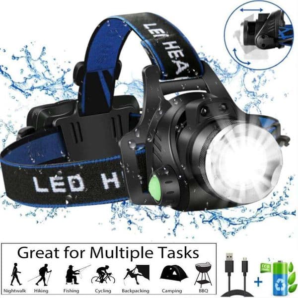 Super Bright 10000 Lumen LED Headlamp USB Rechargeable Zoomable Head Light Waterproof for Outdoor Camping Hiking Fishing Hunting 26L0316