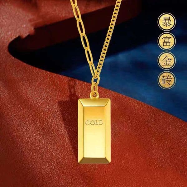 Cross-Border Supply Of European And American "Get Rich" Small Gold Brick Necklaces, Titanium Steel 18K Pendants, Gold-Plated High-Quality Non-Fading Clavicle B5