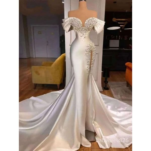 Graceful Off The Shoulder Bridal Dress Sparkly Beads & Pearls Mermaid Wedding Gown - Elegant Long Bride Robe Vestido De Novia BC19177