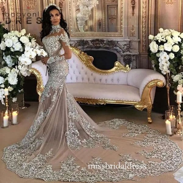 DHL Dubai Arabic Luxury Wedding Dresses Sexy Bling Beaded Lace Applique High Neck Illusion Long Sleeves Mermaid Chapel Bridal Gowns B0316