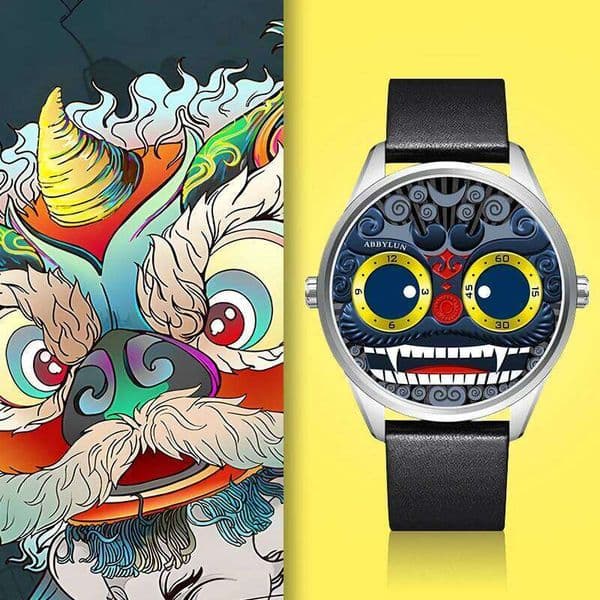 ABBYLUN 1363 Quartz Gold Clown Lion Creative Personalized Design Dial Leather Strap Cool Men's Watch montre homme