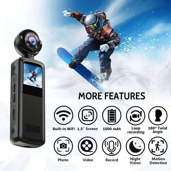 Portable 48MP HD Action Camera 180 Rotatable Night Vision Wearable Mini Camcorder for Outdoor Cycling Hiking Skiing Recording 26L0316