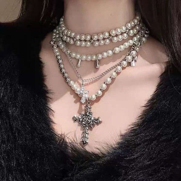 Heavy-duty Cross Original Pearl Necklace Trendy Multi-layered Choker Necklace For Collarbones