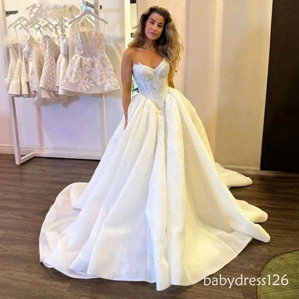 Sweetheart Neck Princess Wedding Dresses Satin A Line Long Bridal Gowns Lace Appliques Ivory Corset Bride Dress F13
