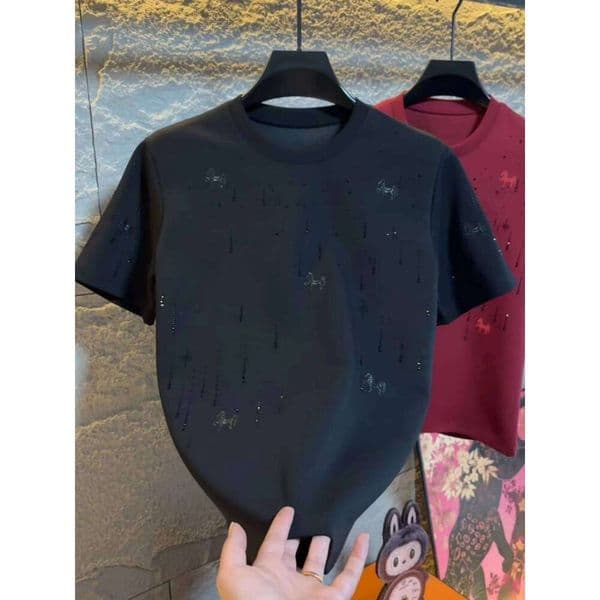 Faionable Luxury Embroidered Ort T-Irt Men's Round Ne F Sve Base Irt Glittering Diamond New Year 2026 ...