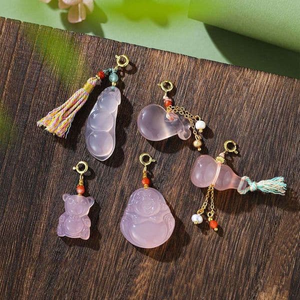 Wholesale Natural Pink And Purple Chalcedony Buddha Bear, Lucky Bean, Gourd, Wallet Pendant, Ancient Style DIY Jewelry Accessories B5