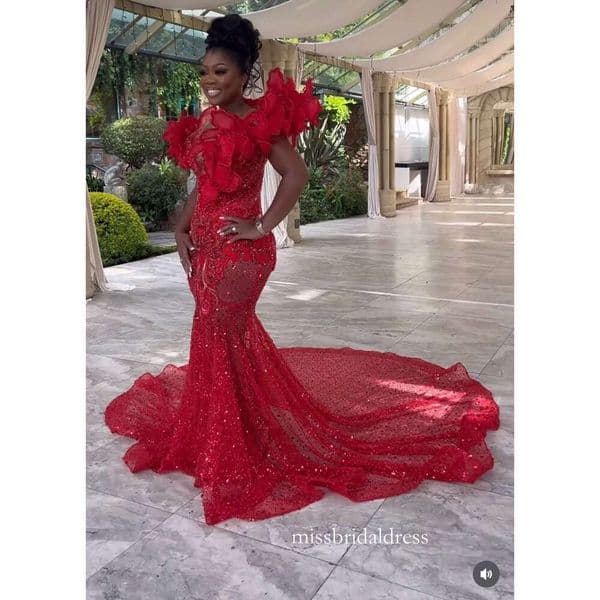 Customized Red Prom Dresses For African Women Lace Appliques Formal Evening Occasion Gowns 0203 D0316