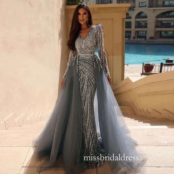 Serene Hill Dubai Mermaid Beaded Blue Muslim Evening Dresses Gowns With Detachable Skirt For Women Party La71750 0920 B0316