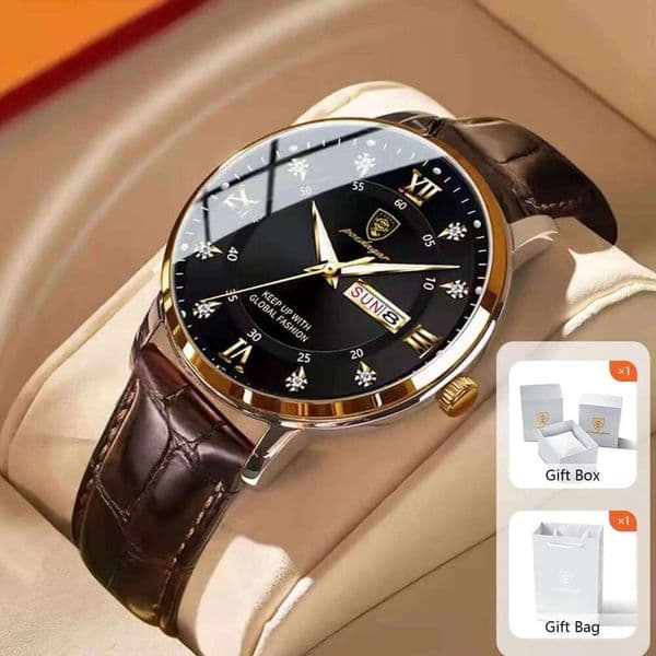 POEDAGAR Fashion Watch For Men Date Week Leather Male Wristwatch Waterproof Luminous Business Men's Quartz Watches Gift with Box