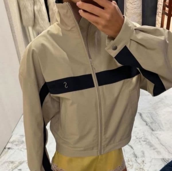 Vintage Women Khaki Jacket Designer Color Blocked Striped Coat Luxury Casual Sports Zip Up Jackets Travel Vacation Stylish Outerwear