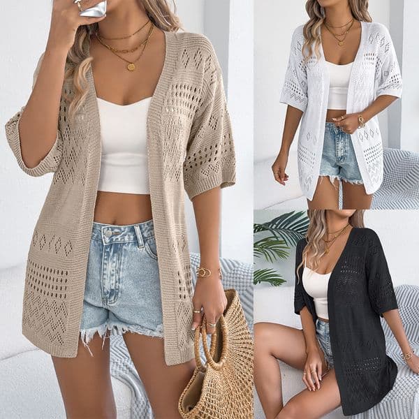 Real shot of 2026 spring-summer casual solid color hollowed-out sleeveless knit cardigan for vacation, cross-border women's clothing