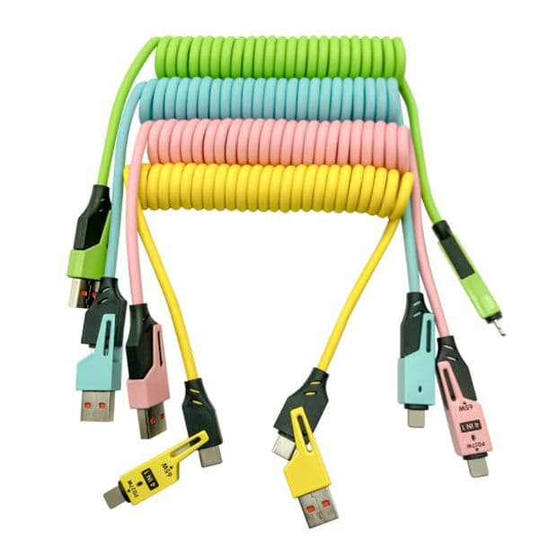 4-in-1 Retractable Coiled USB Cable 65W PD Fast Charging Type-C to Lightning Cord Silicone Car Travel Data Wire Cable Tangle Free