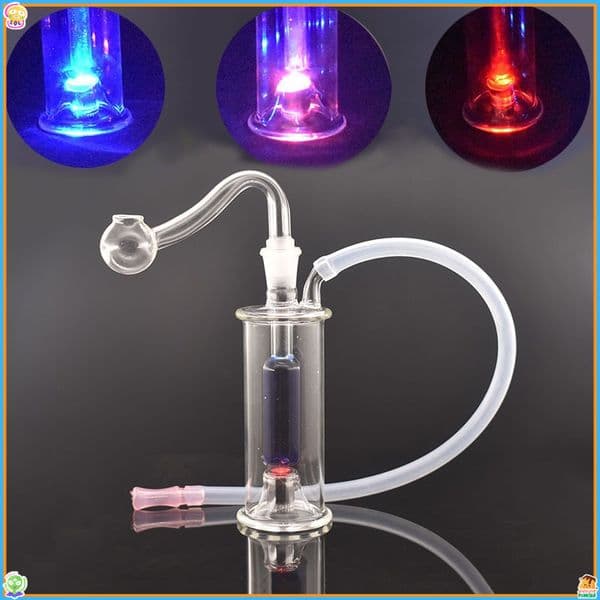 Travel Mini Glass Oil Burner Bubblers Bong Water Pipes With 3 Change Color Led Light Percolator Bubbler hookah with smoking oil Bowl Slide and Silicone Mouthpiece