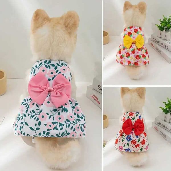 Dog Princess Dress Print with Bowknot Button Sweet Cute Puppy Cat Skirt Thin Pets Wedding Party Chihuahua ClothesT260314