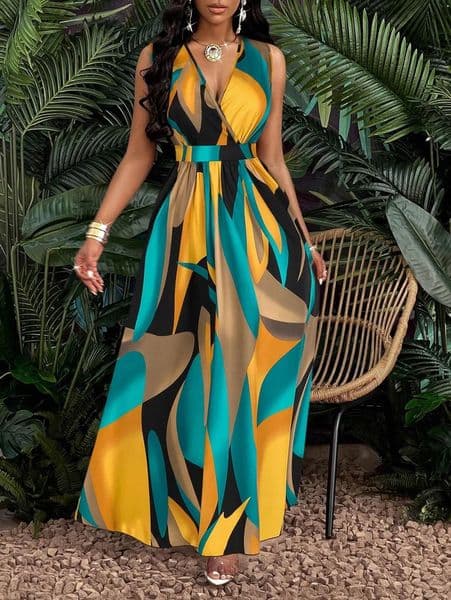 Tropical Print V-Neck Waist Section Cable Knit Fit And Flare Dress Maxi Women Outfit 260317