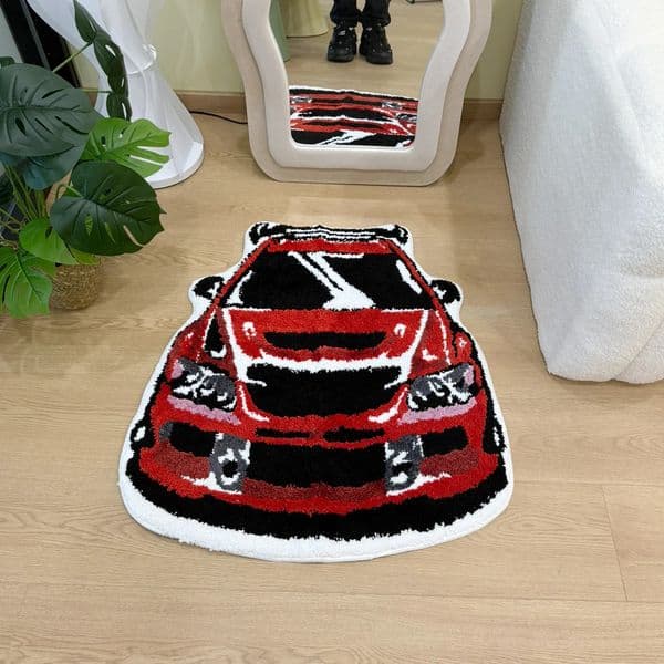 Cool Red Sports Car Shaped Shag Rug - Fluffy Flocked Vehicle Carpet Soft Anti-Slip Floor Mat for Home Decor 260316