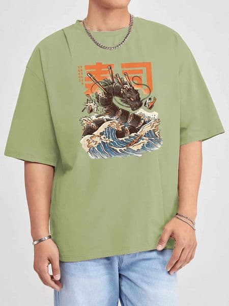 Creative Wave Dragon Sushi Tops ManS Summer BreaTHable Tee Shirts Cool Japan Style Short Sleeve Cotton Basics T-Shirt M260317