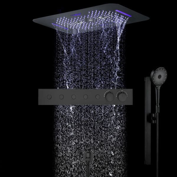 Qlonn Luxury 5 Functions Smart Shower System Set Thermostatic Diverter LED Lighting Music 580*380mm Embedded Ceiling Rain Shower Head Handheld Spray Bathroom Spa