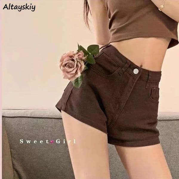 Brown Short Summer Y2k Chic High Waisted Trouser Allmatch Thin Simple Basic Straight Denim Vintage Preppy Ladies Clohes 260310BANJIA