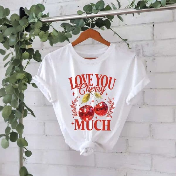 And Casual T-Shirt, Pure Cotton, LOVE YOU Cherry Much, Summer Round-Neck Short-Sleeve Top For Women, In Stock T-Shirt